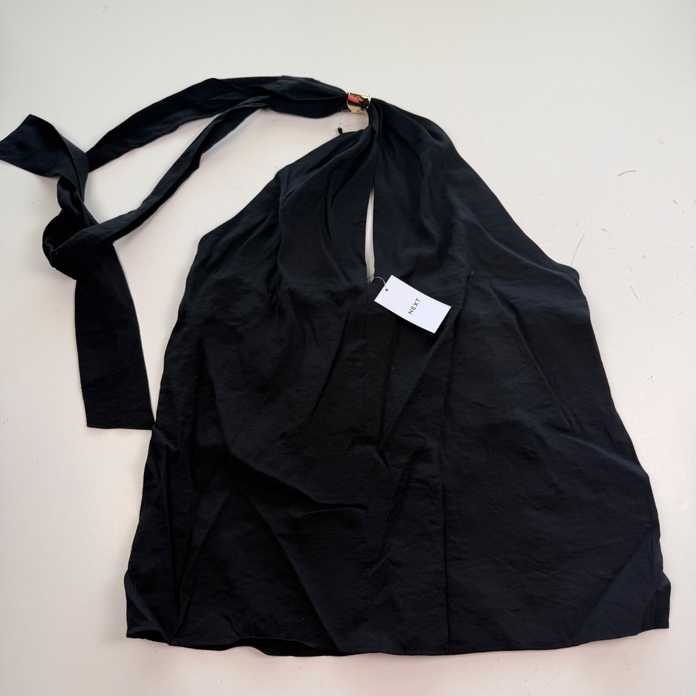 Black Summer Halter Top Tie Back Black Gold Hardware Ring Keyhole Neck Size 10